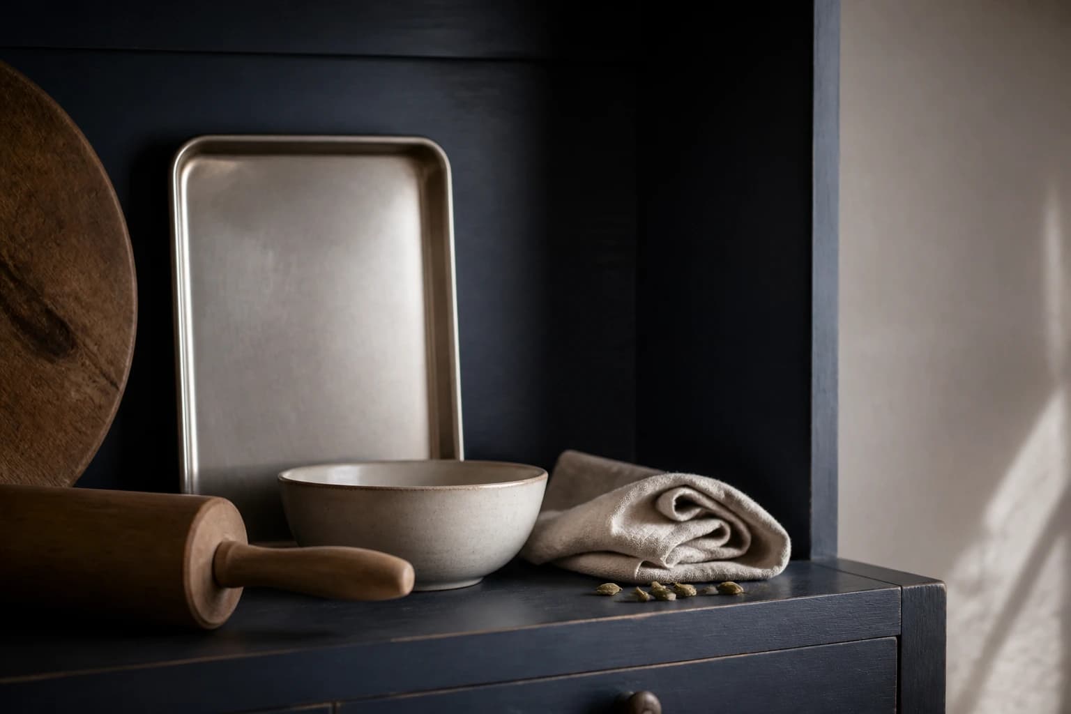 Rolling pin, baking tray, mixing bowl and cardamom on a kitchen shelf