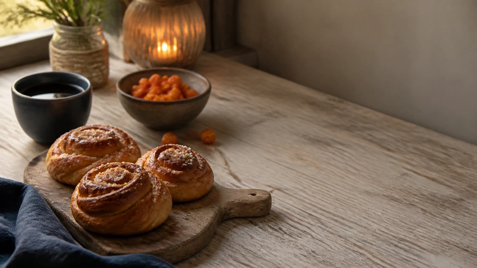 Cinnamon buns on a wooden board with coffee and berries alongside