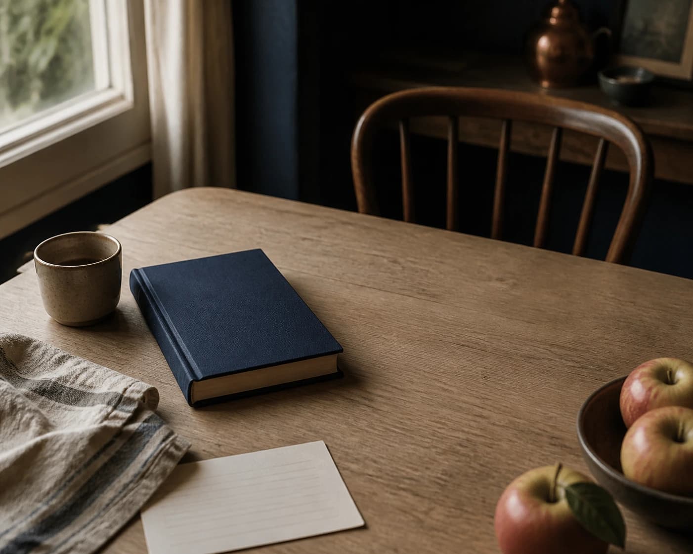 Closed recipe notebook, coffee and apples on a kitchen table