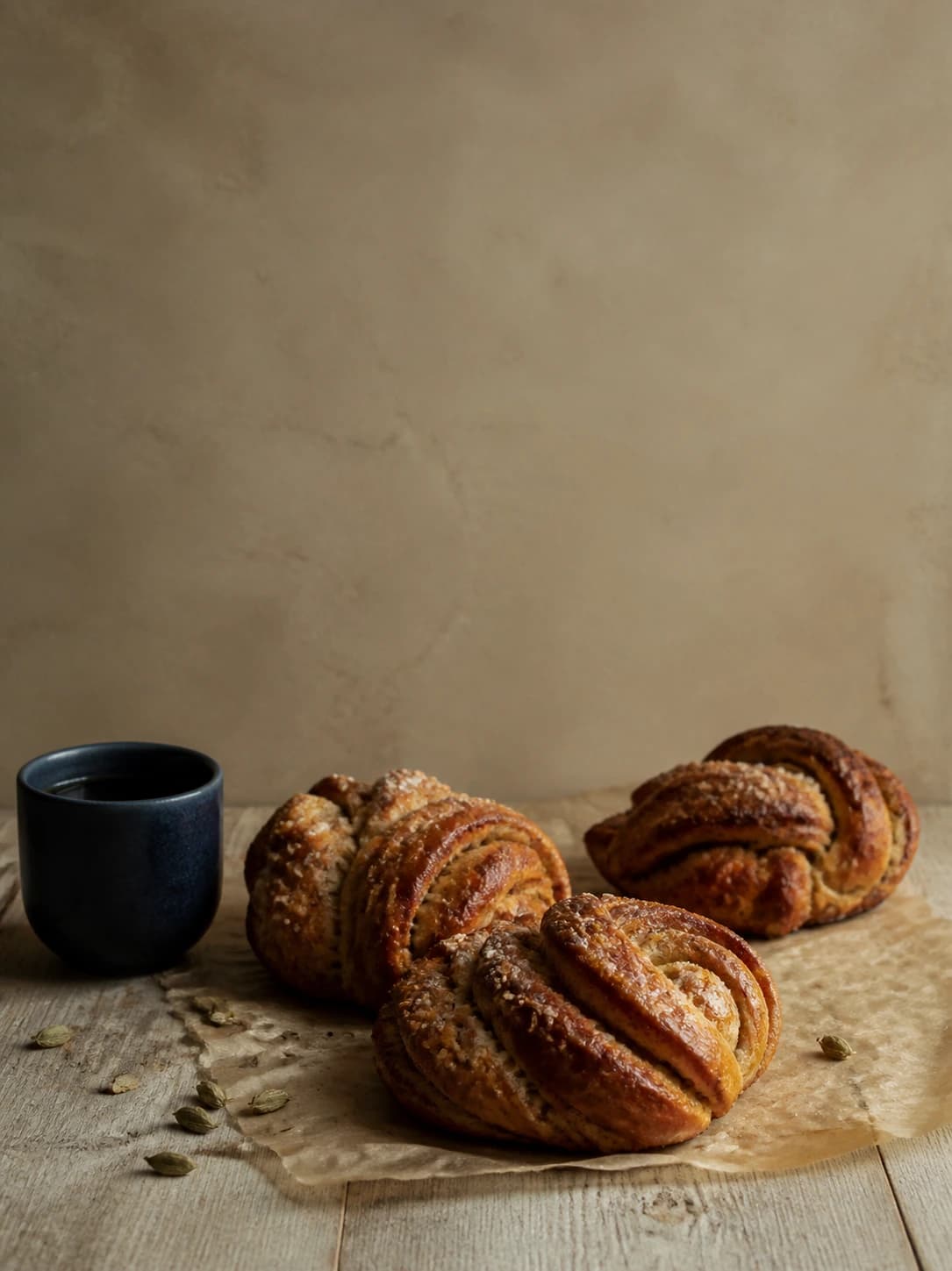 Knotted spiced buns and coffee on a wooden table